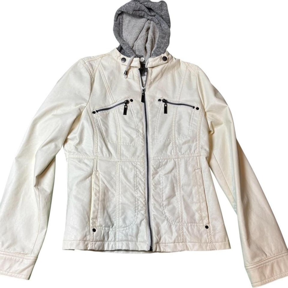 Vanity Jacket Womens Medium‎ Cream Faux Leather Motorcycle Hooded NWT